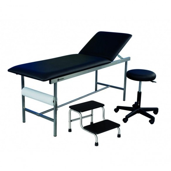 Kit cabinet médical complet Inox Noir : Divan d'Examen + Tabouret + Marchepied 2 marches - Holtex