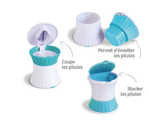 Coupe-comprimés 3 en 1 Ergo Color : Brise pilule 3 en 1 pour couper et émietter les gros morceaux ou encore de transporter vos pilules. Principe de fonctionnement. | ADAM Orthopédie et matériel Médical